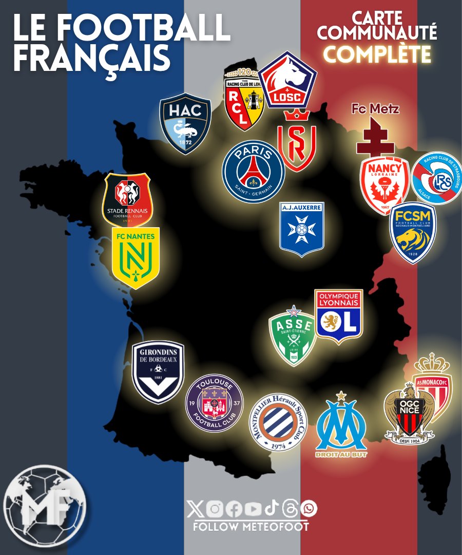 MeteoFootMaps's tweet image. 💣 ELLE EST COMPLÈTE ! ELLE EST MA-GNI-FIQUE ! LA FIERTÉ TOTALE !

L'AS NANCY-LORRAINE est le dernier club à entrer dessus !!

💥 Lisez bien :

SI VOTRE CLUB EST PRÉSENT SUR CETTE CARTE C'EST QU'IL EST L'UN DES 20 CLUBS LES PLUS EMBLÉMATIQUES DU FOOTBALL FRANÇAIS !

LOSC 
RC LENS…