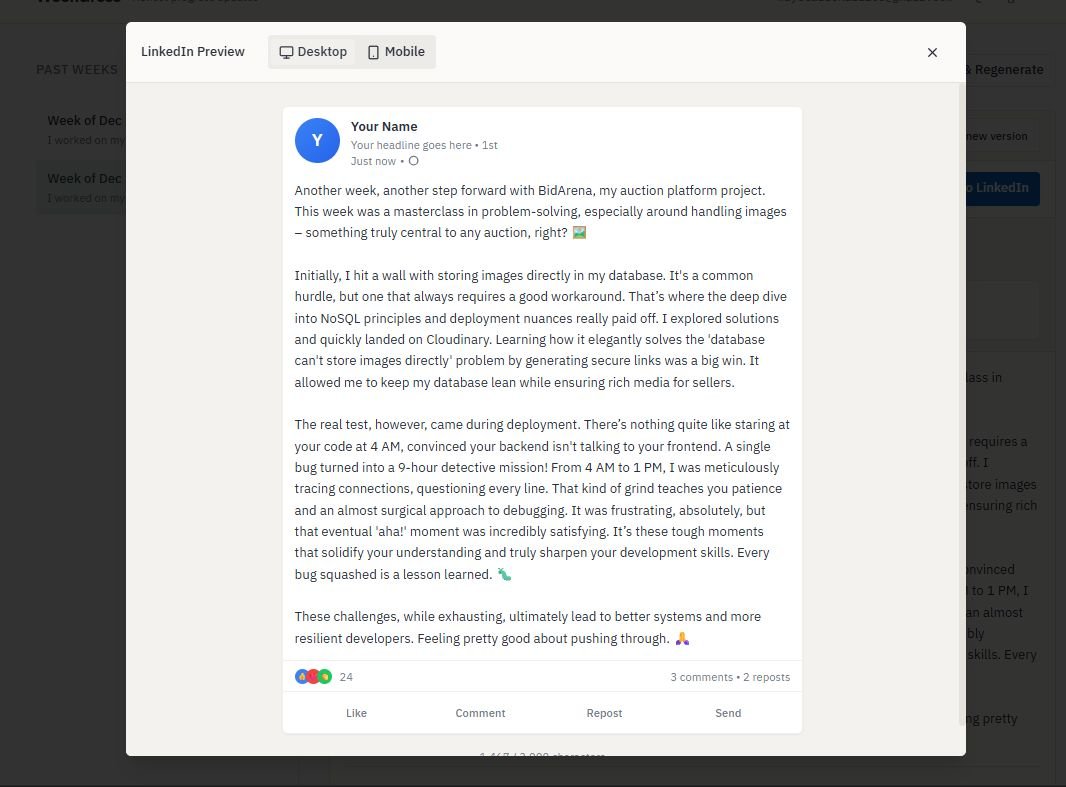 Explored ChatGPT × Lovable and built WeekGress.

I struggle with posting weekly progress, so this tool turns rough bullet points into clean, honest posts—no hype, just progress.

Early stage, but already useful. 🚀