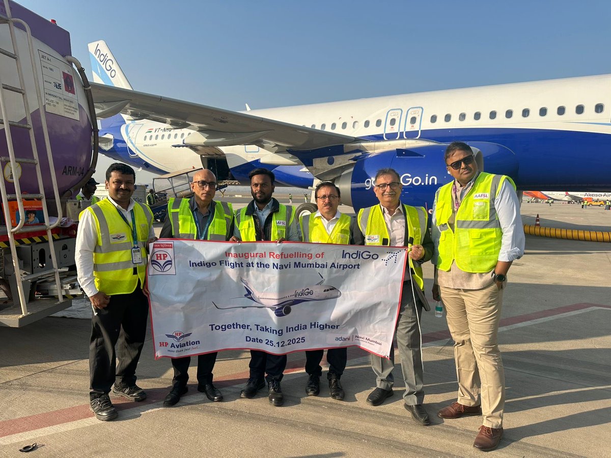 DirHR_HPCL's tweet photo. "Thrilled to mark a milestone!”

As Navi Mumbai Airport begins commercial operations today, our Aviation Team partners Adani Aviation Fuel Farms Ltd in refuelling inaugural passenger flights.

Kudos to HPCL Aviation Team !!!

Together, driving progress towards #VikasitBharat

#NaviMumbaiAirport #AviationMilestone
#HPAviation