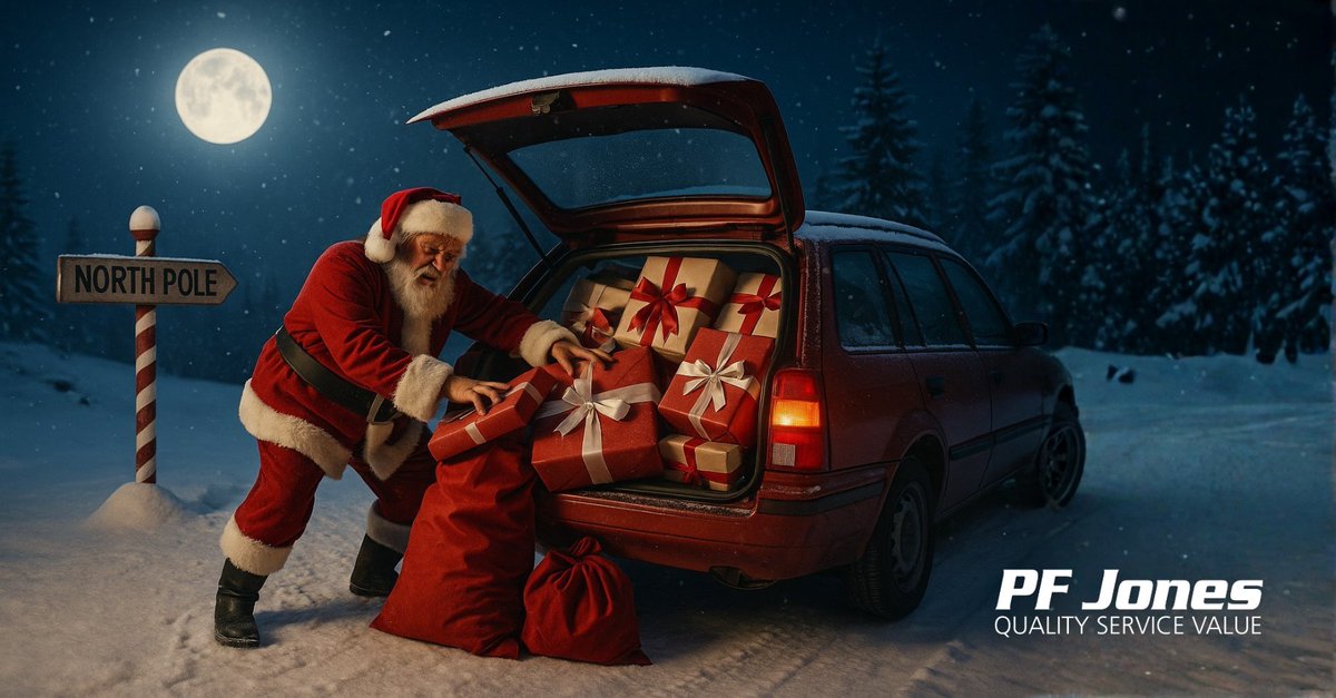 Even Santa struggles without a towbar. 🎅📦

Boot’s full. No trailer. No roof box. Should’ve called PF Jones. ☎️

Merry Christmas from all of us - see you back on the road soon. 🎄

#PFJones #MerryChristmas #TowingSeason #WinterTravel #PackedToTheRoof