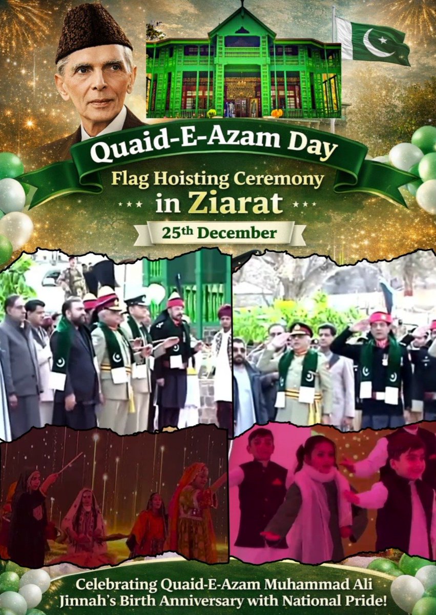On Quaid-e-Azam Day, a flag-hoisting ceremony was held in Ziarat, attended by the Chief Minister of Balochistan, the Corps Commander Balochistan, and the Inspector General FC North, 

#QuaidDay #Faith_Unity_Discipline #FatherOfTheNation