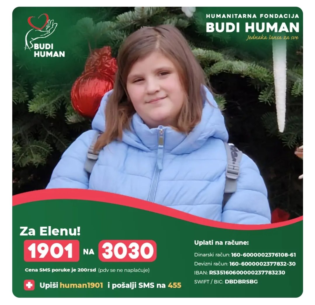 paratzelzius's tweet image. Elena Nikolić je učenica 6. razreda osnovne škole u Baču. Obolela je od tumora na mozgu. Eleni je hitno potrebna operacija koja je planirana za ponedeljak. Potrebno je da se uplati minimalno 4000 poruka na 3030 - ukucati 1901.