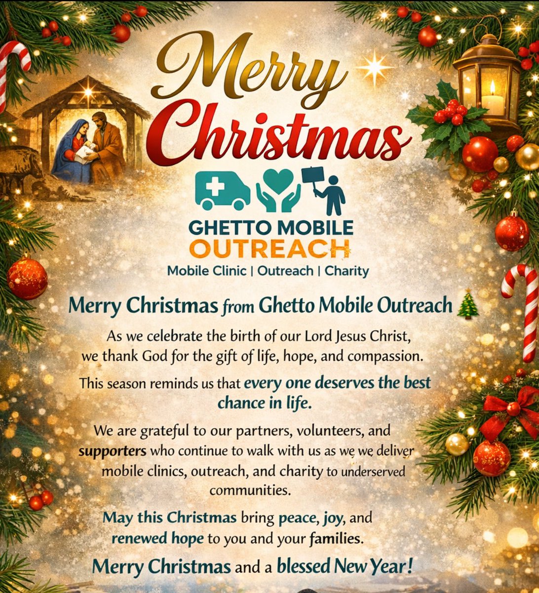 Merry Christmas from Ghetto Mobile Outreach 🎄
Spreading hope, healthcare, and compassion—because every one deserves the best chance in life. May this season bring peace and joy to you and your families.