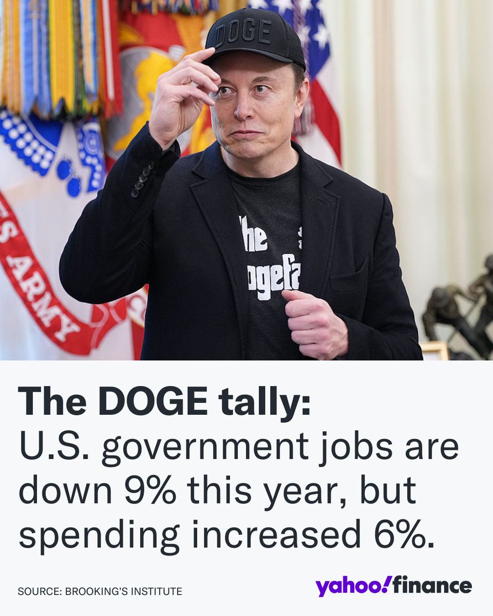 YahooFinance's tweet image. Despite Elon Musk's promise to slow down government spending as the head of DOGE, it increased nearly 6%, according to the Brookings Institution. 

finance.yahoo.com/news/elon-musk…