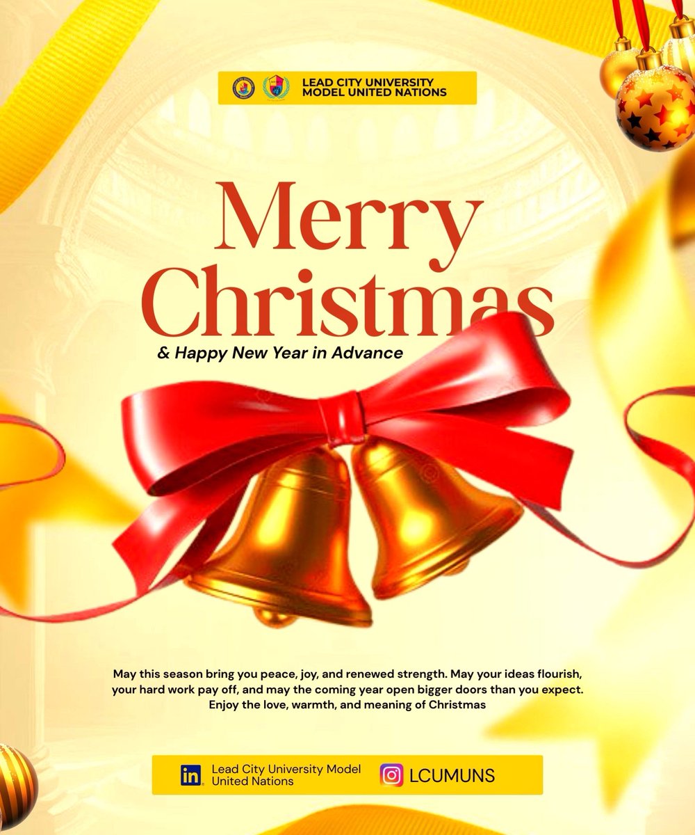 lcumun's tweet photo. Merry Christmas and a Happy New Year in advance from all of us at LCUMUNS! 🎄🔔
Wishing our community a season of peace, joy, and flourishing ideas. May 2026 open bigger doors than you ever expected! 🌍✨
#LCUMUNS #ModelUN #LeadCityUniversity #Christmas #SeasonGreetings https://t.co/hlUBP6sn3b