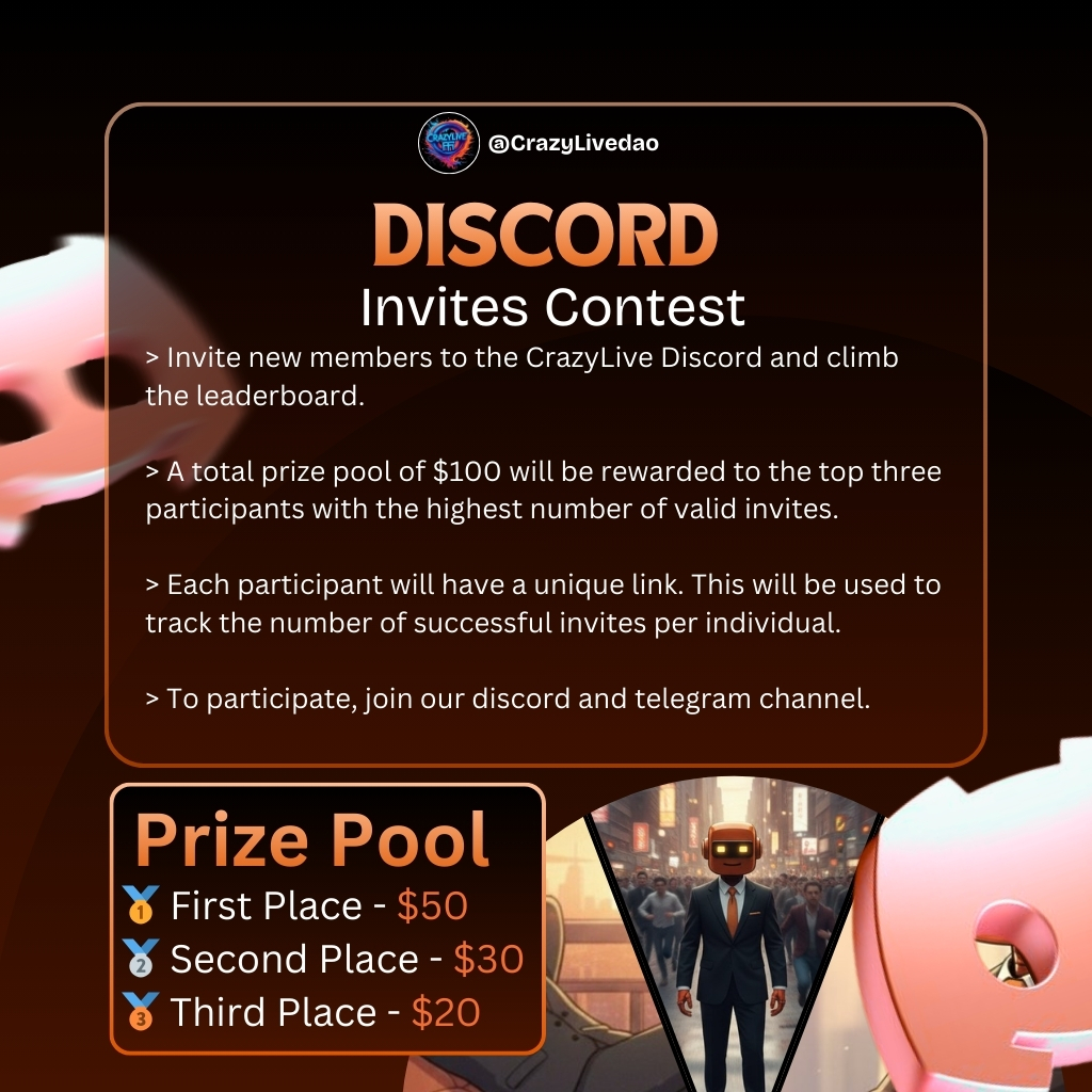 We are running a Discord invites contest.

Invite new members to the CrazyLive Discord and climb the leaderboard.

A total prize pool of $100 will be rewarded to the top three participants with the highest number of valid invites.

🥇 First person - $50
🥈 Second person - $30
🥉
