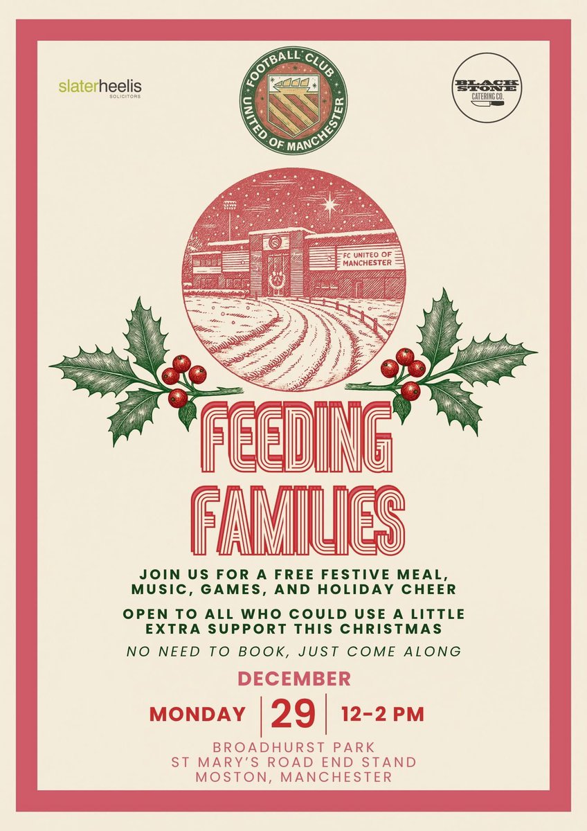 We don’t want anyone to feel alone this festive period

Broadhurst Park will be open on Monday for those who could use a little extra support - no need to book, just turn up

Food, music, games and a good chat (and it doesn’t have to be about football!)

#WeAreStrongerUnited