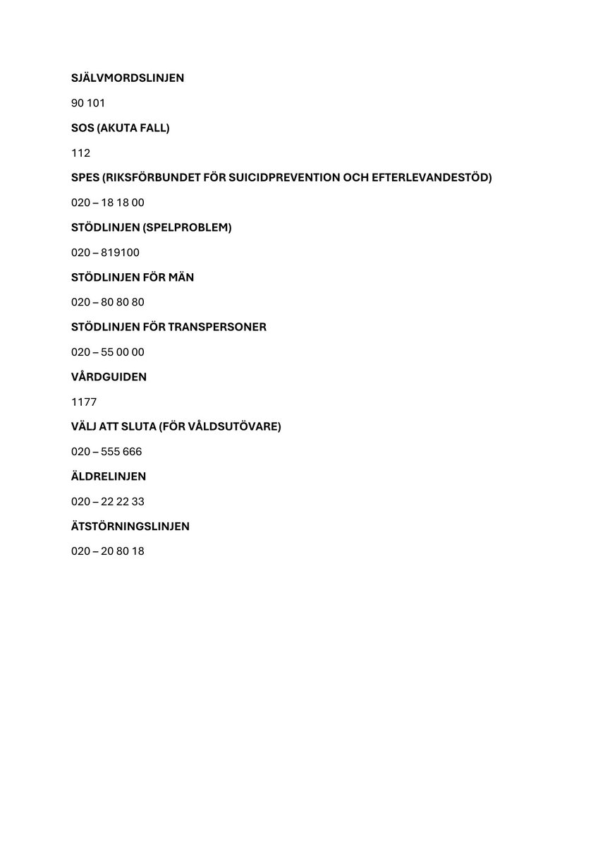 Vi har satt samman vår egen lista med stödnummer som kan vara bra att ha tillgänglig så här i juletider. 

Dela gärna inlägget och man kan även ladda ner en PDF-fil och skriva ut själv ⤵️

brukaranhoriga.se/journummer_202…

God fortsättning ❤️💜🩷