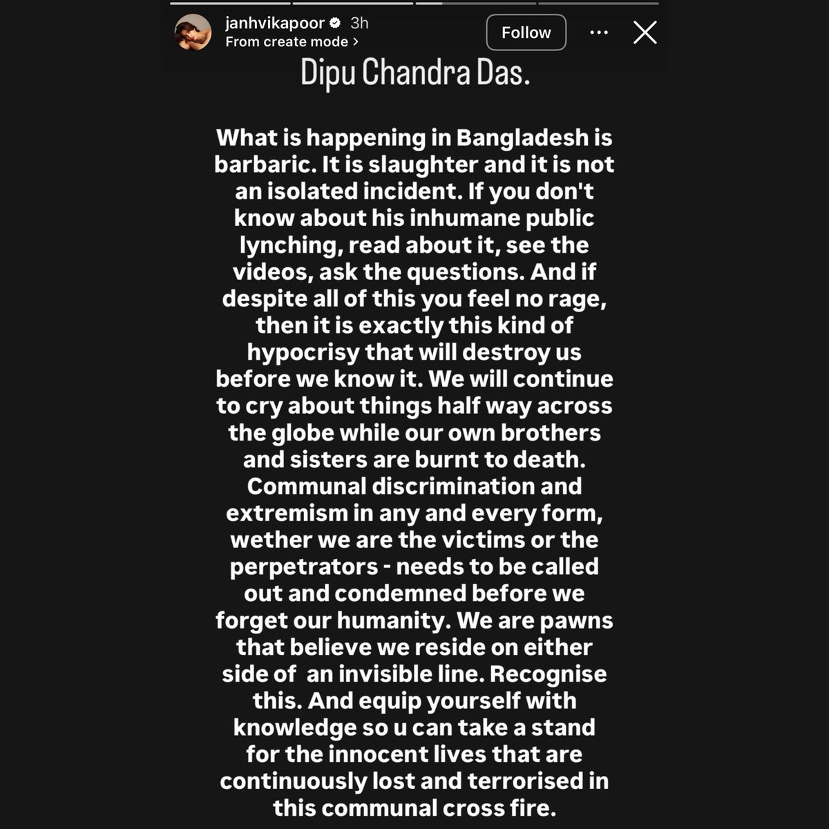 chixxsays's tweet photo. The only bollywood actress who posted about Dipu Chandra Das. Respect for her increased ❤️ https://t.co/DjnPiMchDp