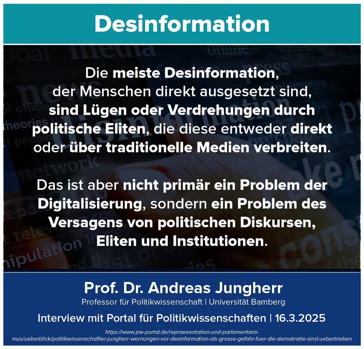 Desinformation - aus wissenschaftlicher Sicht:

Diejenigen, die angeblich "Desinformation bekämpfen" wollen, sind i.d.R. die größten Produzenten von Desinformation.
Desinformation über Desinformation.
🙃