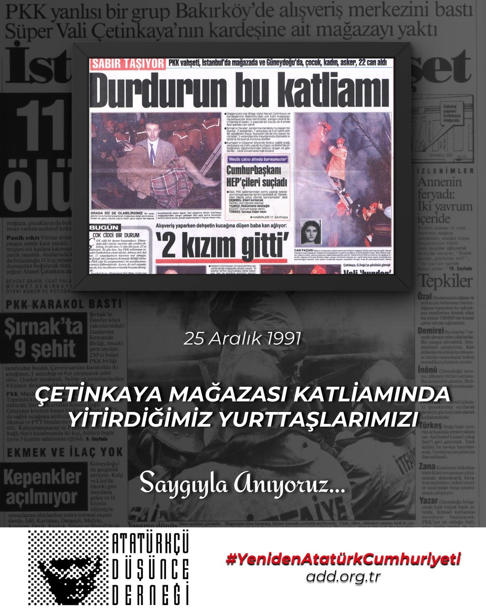 25 Aralık 1991 tarihinde İstanbul Bakırköy’de, emperyalizm taşeronu bölücü PKK terör örgütünün düzenlediği saldırıda yurttaşlarımız alçakça katledildi. Terörü lanetliyor, yitirdiğimiz yurttaşlarımız saygıyla anıyoruz… #25Aralık1991 #YenidenAtatürkCumhuriyeti