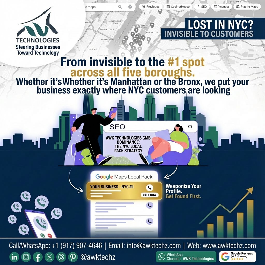 awktechz's tweet photo. Is your business invisible to customers?
Whether you’re in #Manhattan #Brooklyn #Queens the #Bronx or Staten Island—we take you from invisible to the #1 spot.
#NigellaERP #AWKTechz #GMBRanking #NYCBusiness #LocalSEO #BusinessGrowth #TheBronx #SEOStrategy #StatenIsland #NYC https://t.co/6wfYQtWDXj