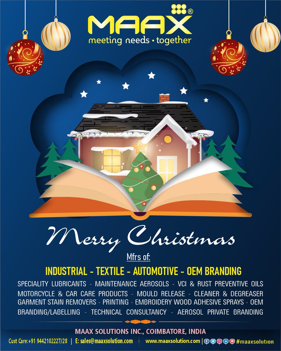 maaxsolutioninc's tweet photo. Count your blessings, sing your Christmas carols, open your gifts, and make a wish under the Christmas tree.
 Merry Christmas to all!!!

#maaxsolutioninc #manufacturers #stainremover #spotlifter #stainlifter #inkclean #bloodremover #tarremover #sprayadhesive #adhesivesprays https://t.co/i6OpjCDXTQ