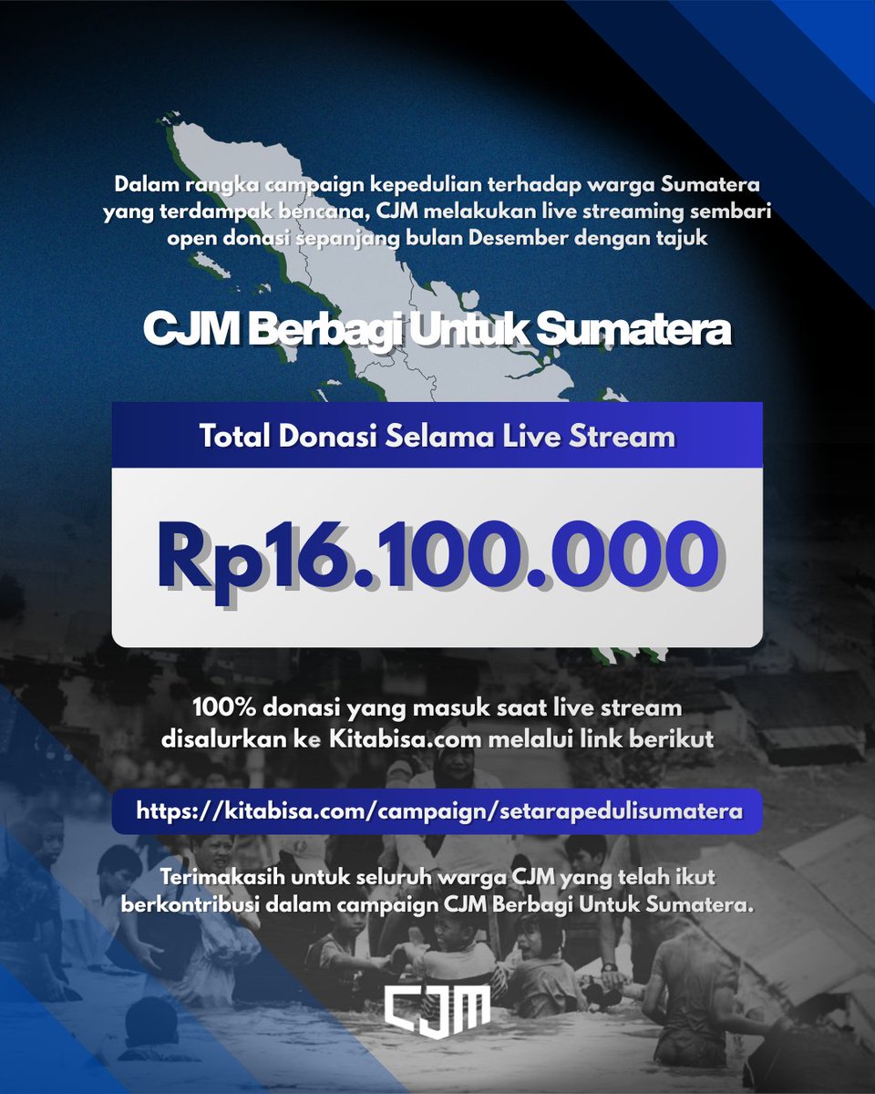 cjmofficial's tweet photo. Terima kasih untuk warga-warga CJM yang ikut berpartisipasi di campaign CJM Berbagi selama 10 kali live stream bulan Desember 2025.

https://t.co/2ozWoEBAwZ

Lekas pulih, Sumatera! 💪🏻 https://t.co/rIxAw7y3iH