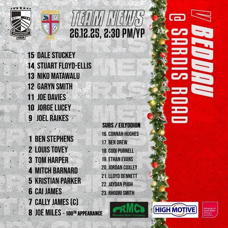 🚨 𝗧𝗘𝗔𝗠 𝗡𝗘𝗪𝗦 🚨

Your Ponty team for tomorrow’s Admiral Premiership Boxing Day derby clash against <a href="/BeddauRFC/">Beddau R.F.C. 🏉</a> has landed 🛬 

1️⃣0️⃣0️⃣th appearance for Joe Miles 🙌

Here’s how we line up ⬇️

#WeArePonty ⚫️⚪️