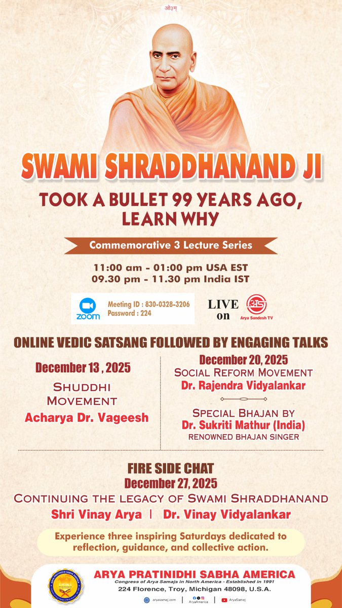 aryasamaj's tweet photo. Swami Shraddhanand Ji
Took a bullet 99 years ago, learn why
Online Vedic Satsang followed by engaging talks
#lectureseries #swamishraddhanand #onlinevedicsatsang #engagingtalks #shuddhimovement #socialreformmovement #firesidechat #swamishraddhanandlegacy #apsa #aryasamaj https://t.co/1mu5sfr8XH