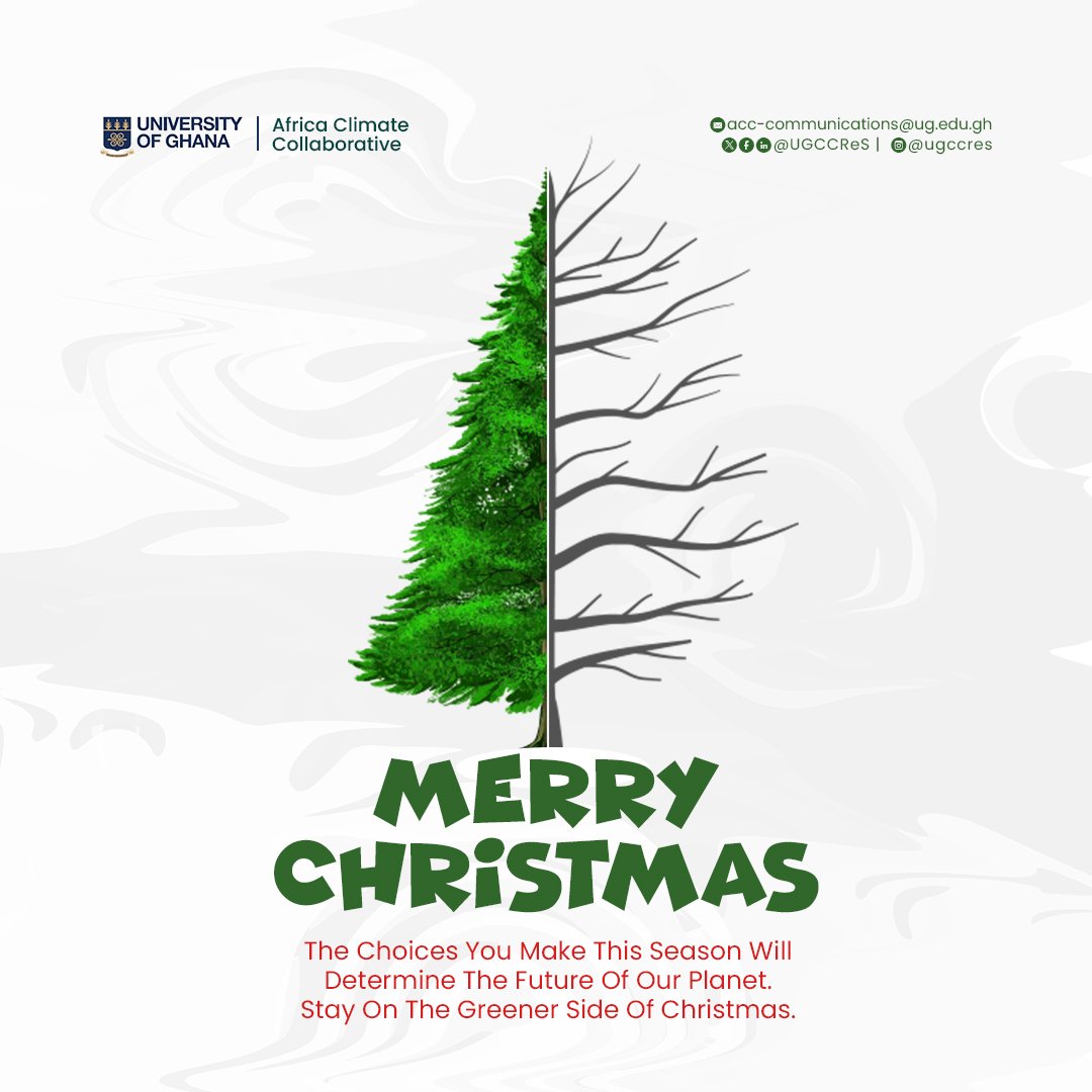 ACCollab_UG's tweet photo. Merry Christmas! 🎄 This season, let's "Stay On The Greener Side." 🌿 Being climate-conscious today by reducing waste and saving energy, ensures a healthier planet and a greener Christmas next year. 🌍 Every small choice counts! ♻️💚 #ClimateAction #GreenChristmas. https://t.co/DZiPoZZLXe