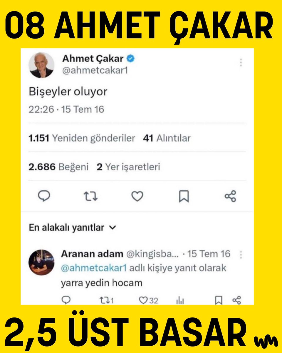 WikiMeme_tr's tweet photo. “Bahis Değil His” 

Bu meme, spor yorumcusu ve eski hakem Ahmet Çakar’ın 15 Temmuz 2016 gecesi darbe girişimi sırasında belirsizlik sürerken attığı “Bir şeyler oluyor” tweet’ine dayanır; tweet, altına gelen tepkilerle hızla yayılıp sosyal medyada ikonik bir meme hâline gelmiştir. https://t.co/STF9O4JVD3