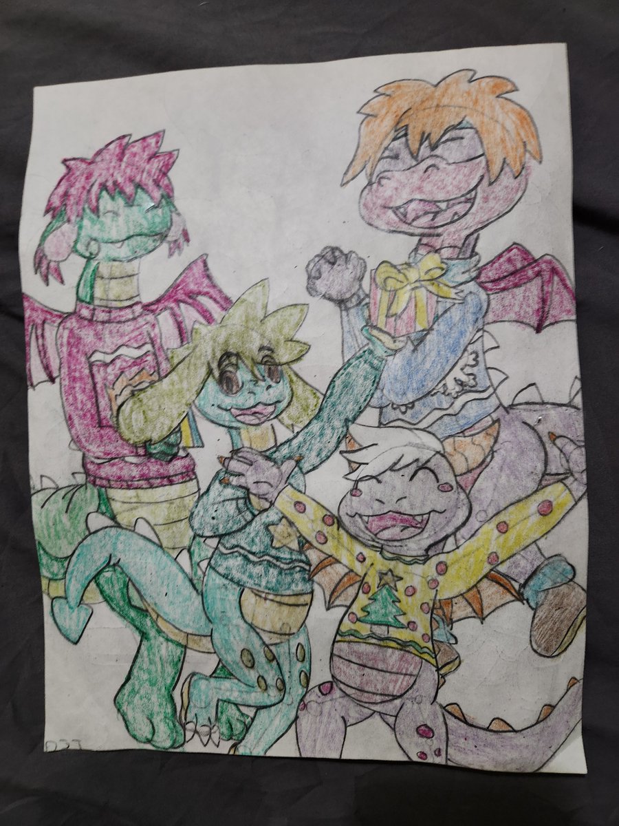 GammaFrost1209's tweet photo. Here is a special Christmas art dump, with Max, Figment, Elliott, and Nelly in Christmas Sweaters, and a redraw of the Eight Crazy Night poster with @StrawberryOctii's main four Kings of Hell characters. Merry Christmas! #Christmas #Hanukkah #Dragons #KingsofHell #Fanart #OC https://t.co/qV34G6XwLM