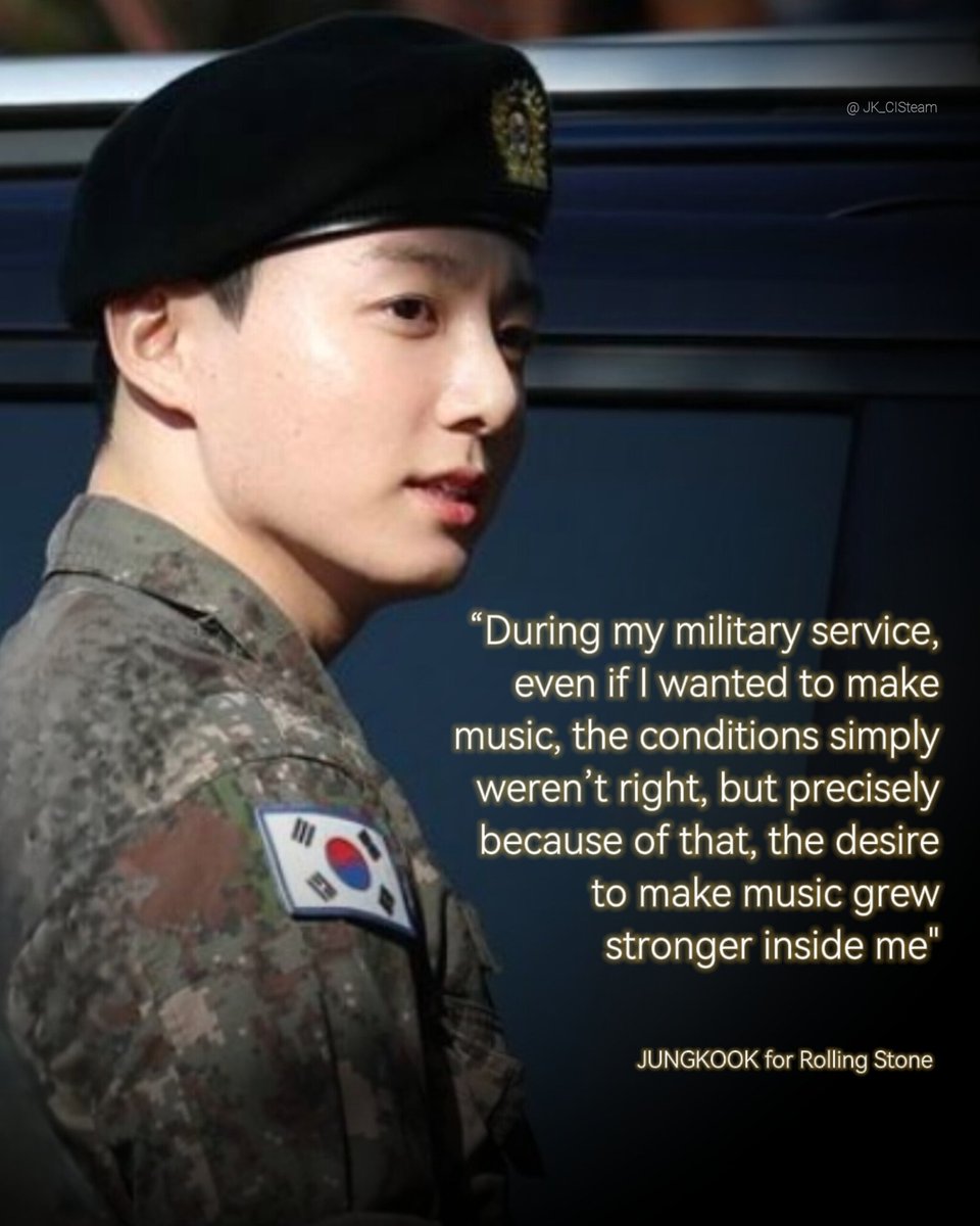 JK_CISfb's tweet photo. "During my military service, even if I wanted to make music, the conditions simply weren’t right, but precisely because of that, the desire to make music grew stronger inside me"

— #JUNGKOOK for Rolling Stone

#JUNGKOOKxROLLINGSTONE https://t.co/wiY2Divpc1