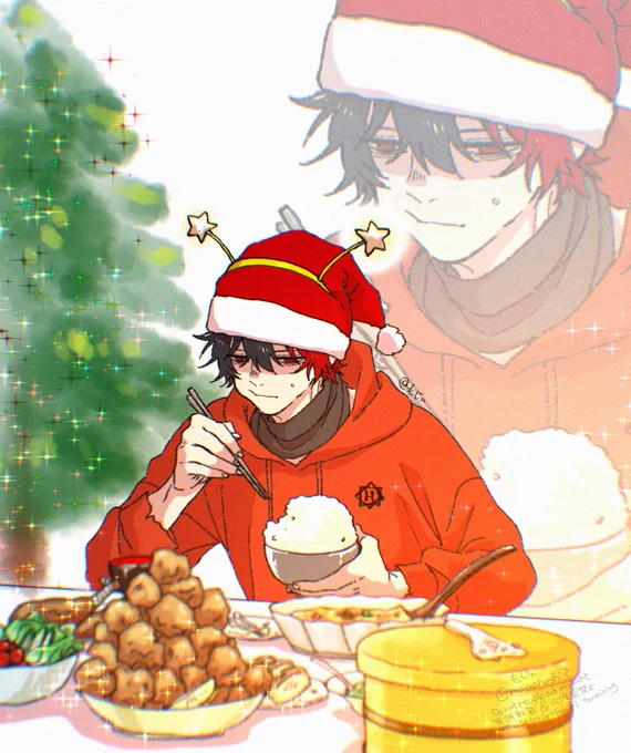 全員サンタ帽付強制本丸クリスマス会で飯を食う虚無前忠広
