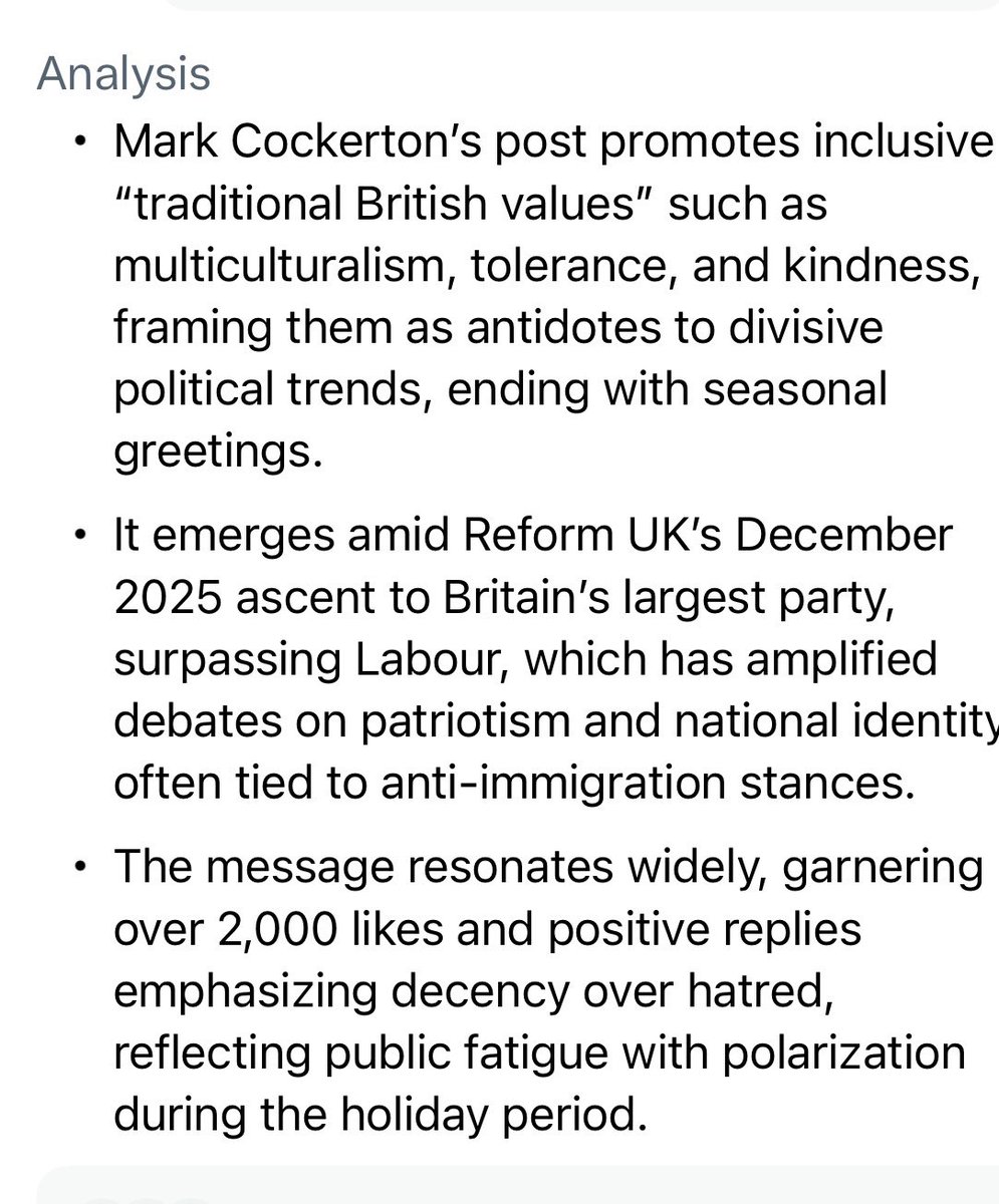 CockertonMark's tweet photo. I asked Grok to analyse my post. Happy with that analysis. I think many are fatigued with the spreading of division and hatred for short-term political gain. https://t.co/Ho9lTkKROM