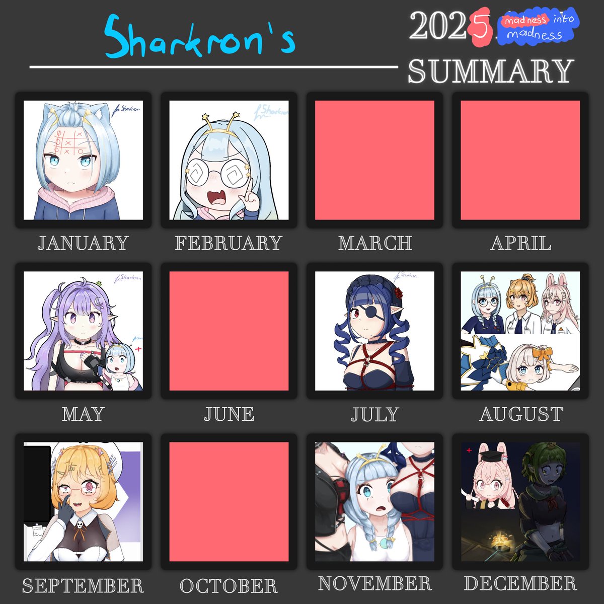 Sharkron3's tweet photo. 2025 was nice for my drawing, though DAMN I’ve been very busy with stuff and gf, so it’s less consistent across the months. But drawings are more concentrated, so I put 2 for some months. The one I’m most proud of is the SqWished one, and the Nitya one. Happy holiday everyone! https://t.co/7chH1iyNxp