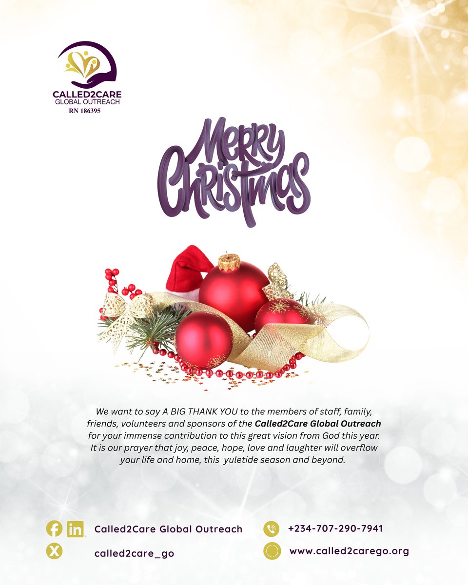 called2care_go's tweet photo. We say THANK YOU to our members of staff, family, friends, volunteers and sponsors for your immense contribution to this great vision. It is our prayer that love, joy &amp; laughter will overflow your life and home, this  yuletide season and beyond. 

#MerryChristmas
#Called2CareGO https://t.co/VNu3DOzi6X