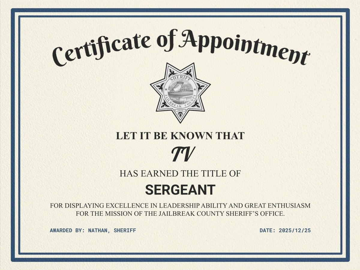 TheSergeantTV's tweet photo. Hard work pays off. Finally earned the title of Sergeant in the Jailbreak County Sheriff’s Office. Honored to take on the responsibility and keep serving the department. 🫡

@JCSheriff22 
#JCSO #JailbreakCounty https://t.co/RQrMI8PEwM