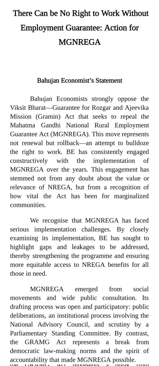 BahujanEcon's tweet photo. Our official statement on the new proposed changes to MGNREGA https://t.co/oKynTKALMK