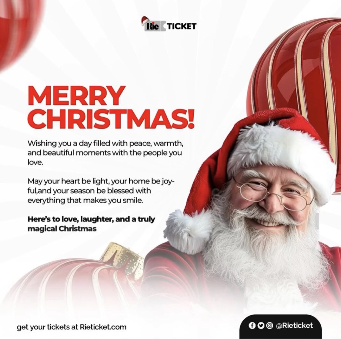 Merry Christmas from all of us at RieTicket.
Wishing you peace, joy, and unforgettable moments with the people you love.
Here’s to love, laughter, and a truly magical season🎄✨