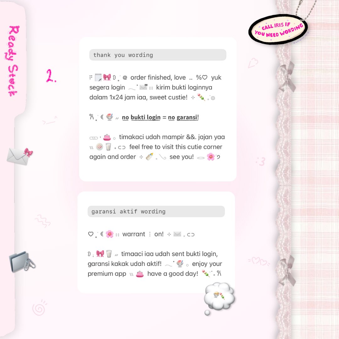 wordinh's tweet image. ⠀
bantu 🔁 iaa  ..  makaciii!  ♡%

alōhaaa!  ⭐️🎀  back in stock  ..  &amp;lt; BUNDLE THANK YOU REMINDER LOGIN + GARANSI AKTIF WORDING &amp;gt;  ready to use!  ☘️🌸  grab fast, prepare your 9.000 coins for this bundle!  🍧🗒️  kindly scroll for more  :3

t. #zonaba #zonauang rs ready stock