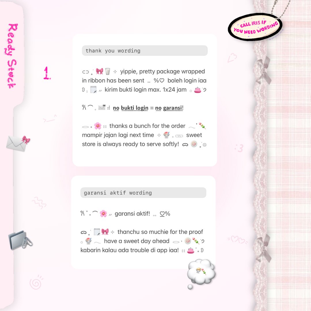 wordinh's tweet image. ⠀
bantu 🔁 iaa  ..  makaciii!  ♡%

alōhaaa!  ⭐️🎀  back in stock  ..  &amp;lt; BUNDLE THANK YOU REMINDER LOGIN + GARANSI AKTIF WORDING &amp;gt;  ready to use!  ☘️🌸  grab fast, prepare your 9.000 coins for this bundle!  🍧🗒️  kindly scroll for more  :3

t. #zonaba #zonauang rs ready stock