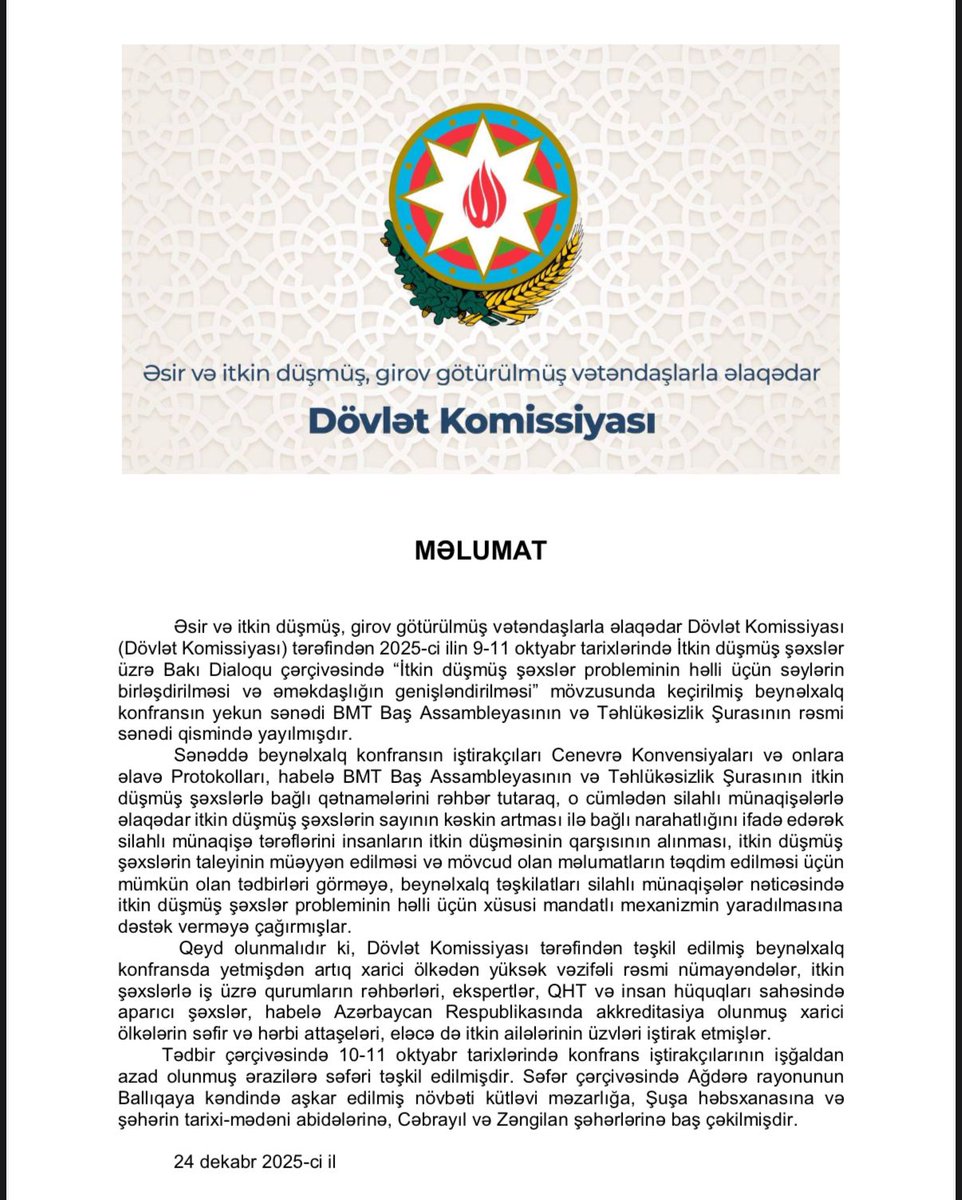 Əsir və itkin düşmüş, girov götürülmüş vətəndaşlarla əlaqədar Dövlət Komissiyasının Məlumatı