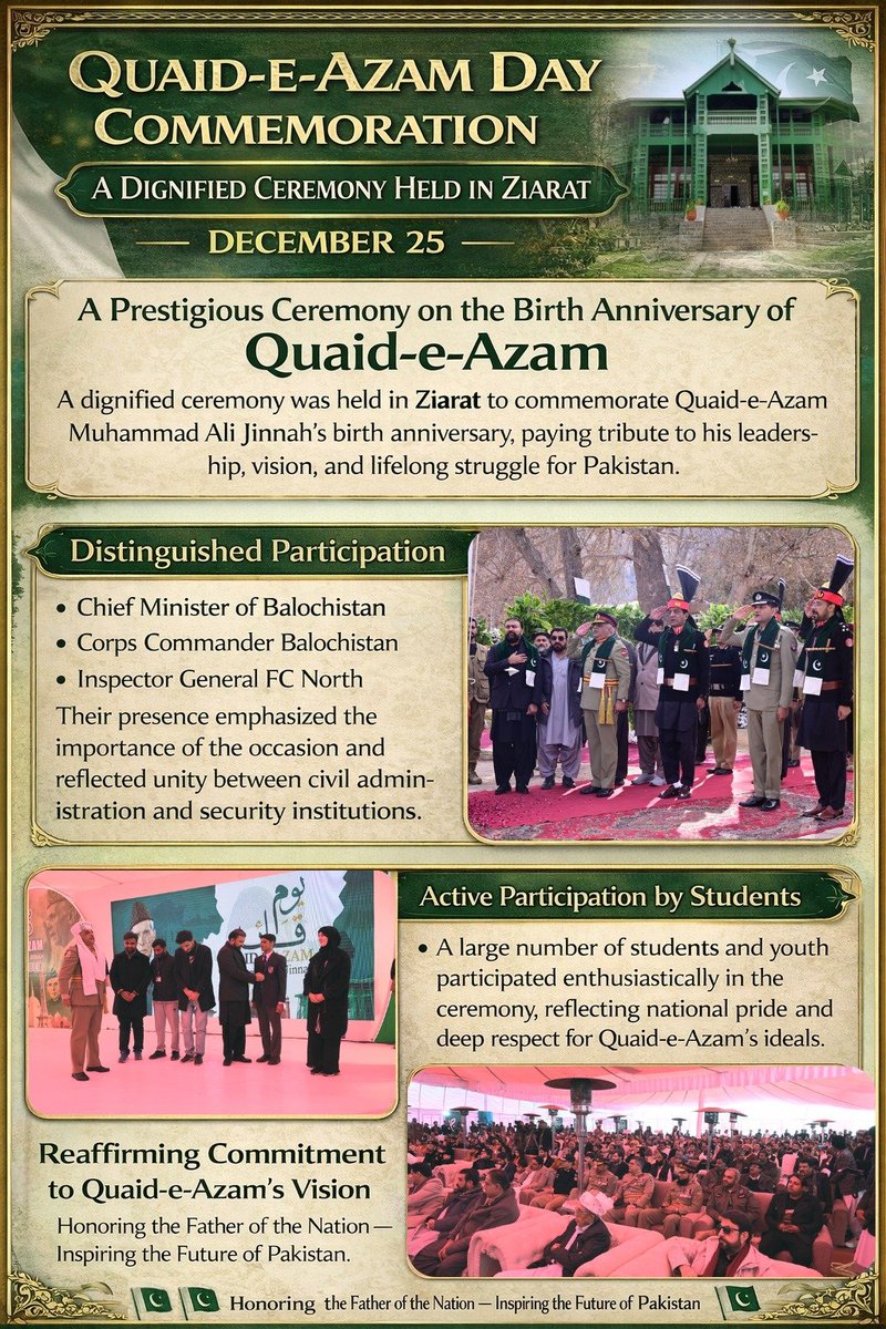 On December 25th, a dignified flag-hoisting ceremony was held in Ziarat to mark Quaid-e-Azam Day. The event was attended by the Chief Minister of Balochistan, the Corps Commander Balochistan, and the Inspector General FC North

#QuaidDay #Faith_Unity_Discipline #FatherOfTheNation