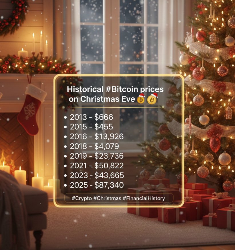tokensbuzz's tweet photo. Price of Bitcoin on Christmas eve 🎄

2015: $456
2016: $894
2017: $14,303
2018: $4,022
2019: $7,267
2020: $23,760
2021: $50,889
2022: $16,849
2023: $43,035
2024: $98,696
2025: $87,641 https://t.co/3yIzeVRcr4
