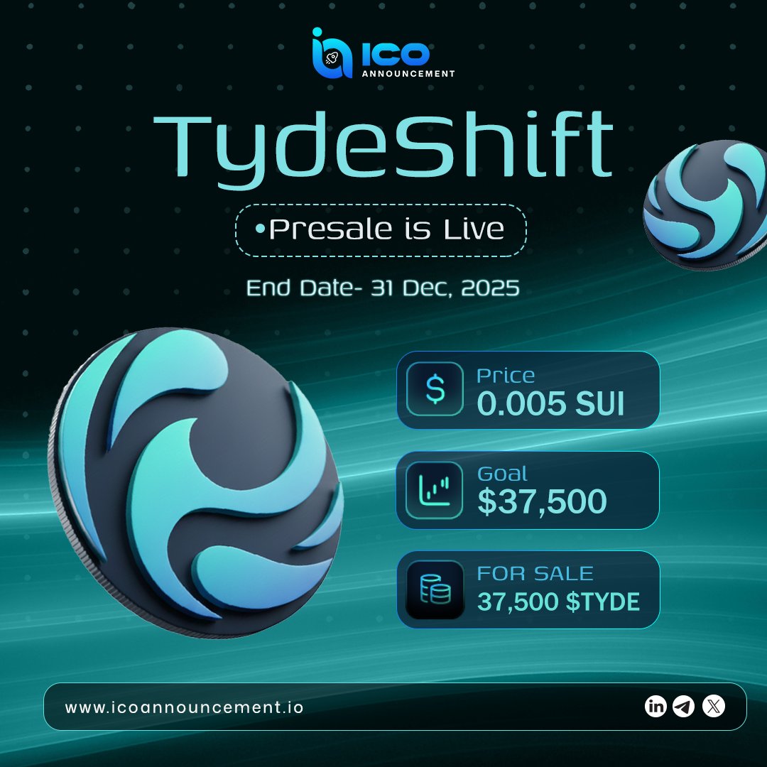 ICOAnnouncement's tweet photo. π TydeShift $TYDE presale is live on SUI - DeFi made simple, early access ends Dec 31!
Know More Visit: https://t.co/HCqku007fv
#TYDE #TydeShift #TYDEToken #Crypto #Altcoins #CryptoPresale #CryptoLaunch #CryptoTrending https://t.co/DSHXEckcnV