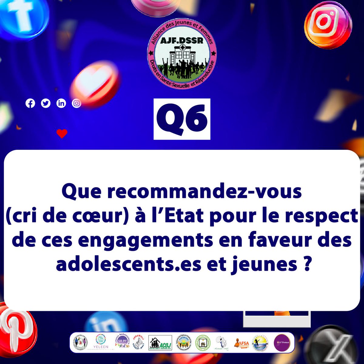 Q6 : Que recommandez-vous (cri de cœur) à l’Etat pour le respect de ces engagements en faveur des adolescents.es et jeunes ?

#AJFDSSR
#ONASR
#GratuitéServiceSR/PF
#MSDS
#MJDH