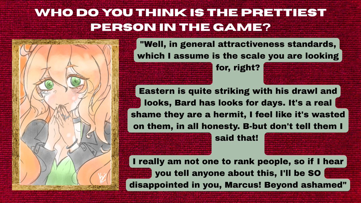 reverbbloodline's tweet photo. Who does the cast think is the prettiest person in the game? Part 3 of 4!

Carrie, Pyra and Becca share their thoughts!
  
#fanganronpa #fangan #fangantwt #reverbbloodlines #dgrb (art by Kyami!) https://t.co/LMBvnColba