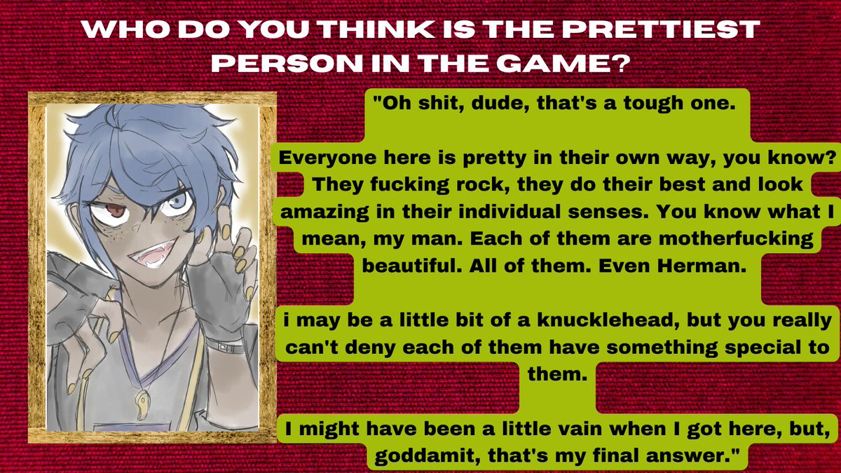 reverbbloodline's tweet photo. Who does the cast think is the prettiest person in the game? Part 3 of 4!

Carrie, Pyra and Becca share their thoughts!
  
#fanganronpa #fangan #fangantwt #reverbbloodlines #dgrb (art by Kyami!) https://t.co/LMBvnColba