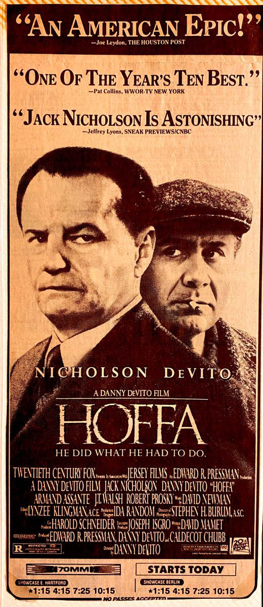 ClassicHBOGuide's tweet photo. Released #OTD in 1992 - Jack Nicholson and @DannyDeVito (who directs &amp; co-stars from a David Mamet script) in HOFFA - an underrated film with great performances &amp; set pieces, one of the best of the #1990s #cinema #hoffa https://t.co/dtrVYSWnOh