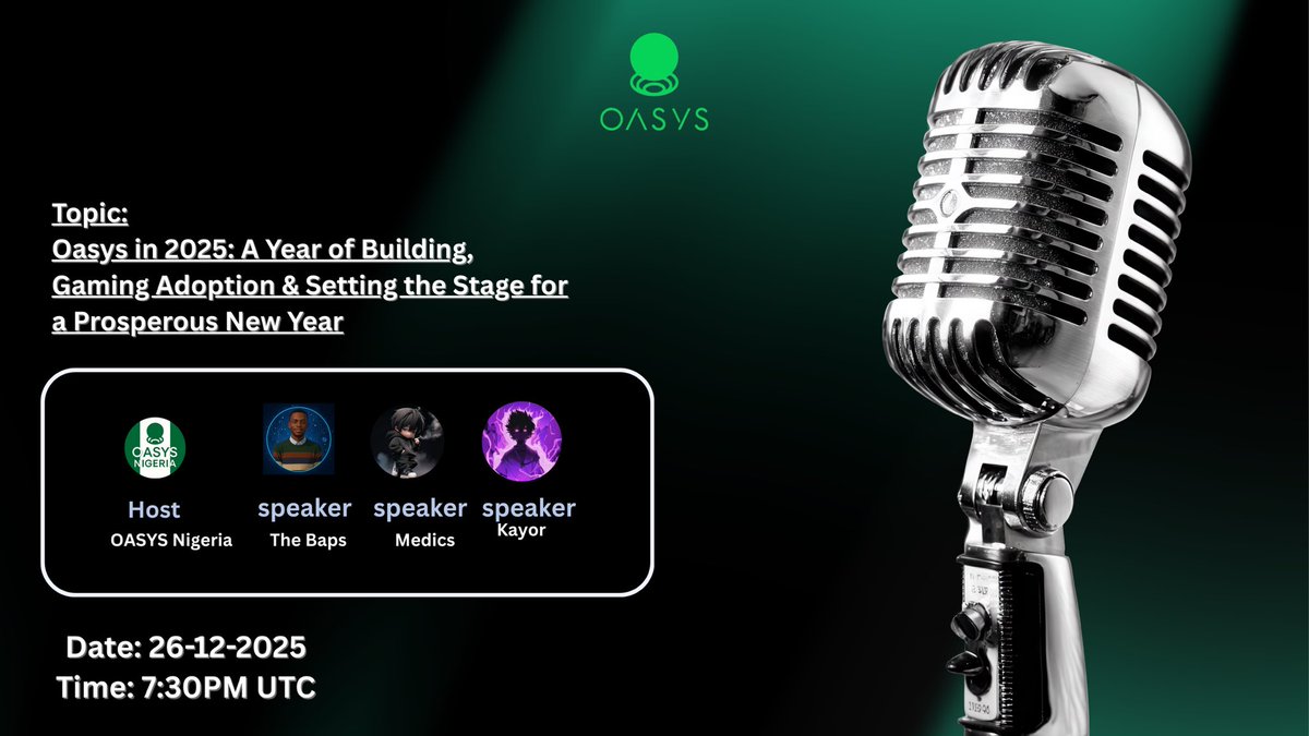 Join us for an AMA tomorrow 

🗓️ 8:30 PM WAT | 7:30 PM UTC
🎯 Topic: Oasys in 2025: A Year of Building, Gaming Adoption &amp; Setting the Stage for a Prosperous New Year
Let’s reflect, build, and look ahead together.

x.com/i/spaces/1PlJQ…

#Oasys #Web3Gaming #AMA