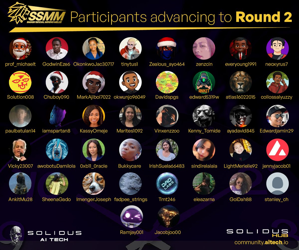 🔔 Merry Christmas! We hope these Holidays bring you peace and joy.

🎮 Here's a big announcement about the 3X Smash Meleé SSMM. We give you the 43 Solidus Smashers winners who advance to the 2nd Round.  

🏆Let's give a big clap to the Participants whonow can check their task,