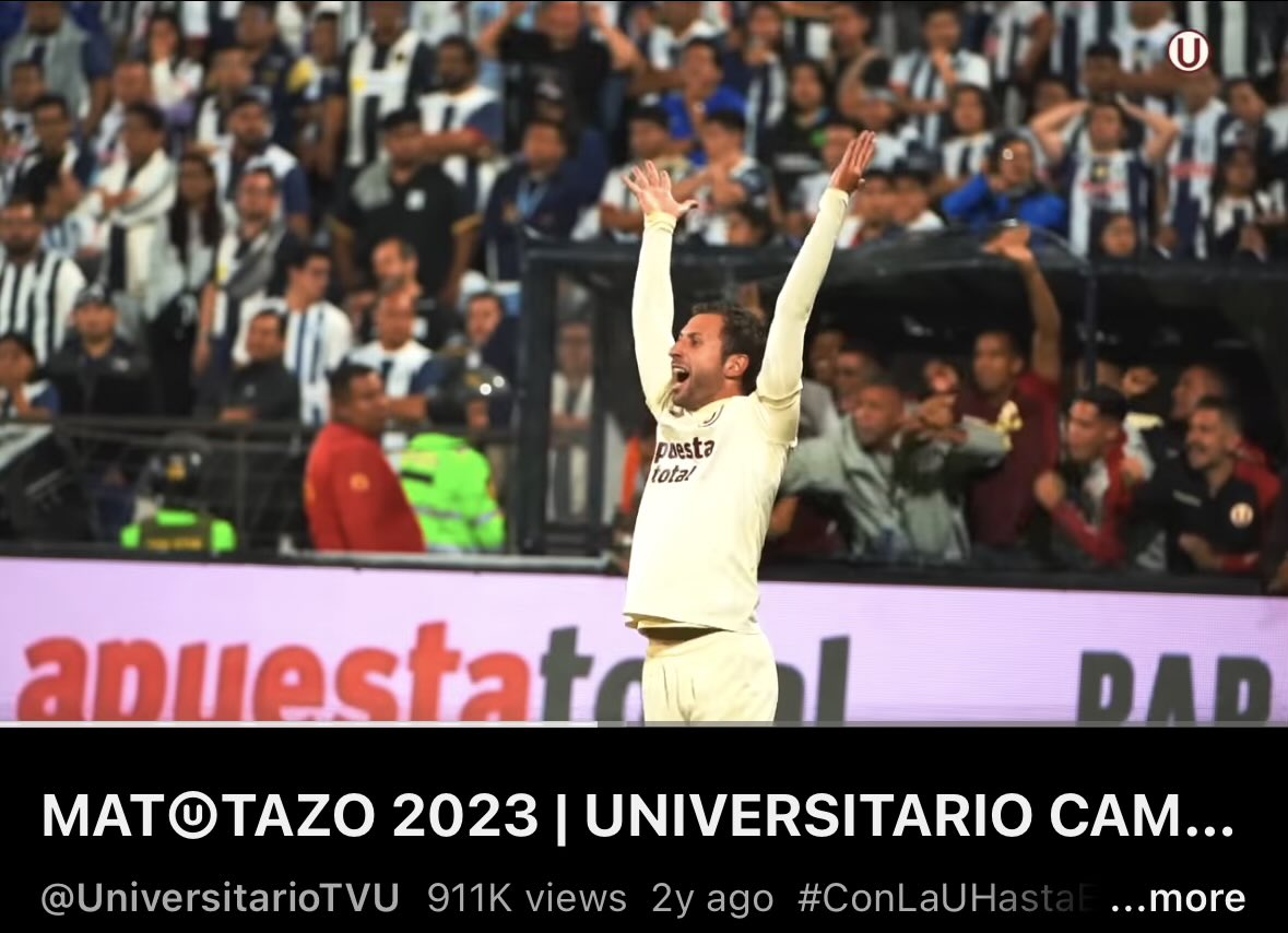 ErrorArbitralTR's tweet image. El vídeo “MatUtazo 2023: Universitario Campeón Nacional ⭐️27” está a punto de llegar al MILLÓN de vistas en YouTube. Sería el primer vídeo de un equipo peruano en alcanzar esta cifra.

Lo que tiene haber ganado el Clásico más importante de la historia, supongo.