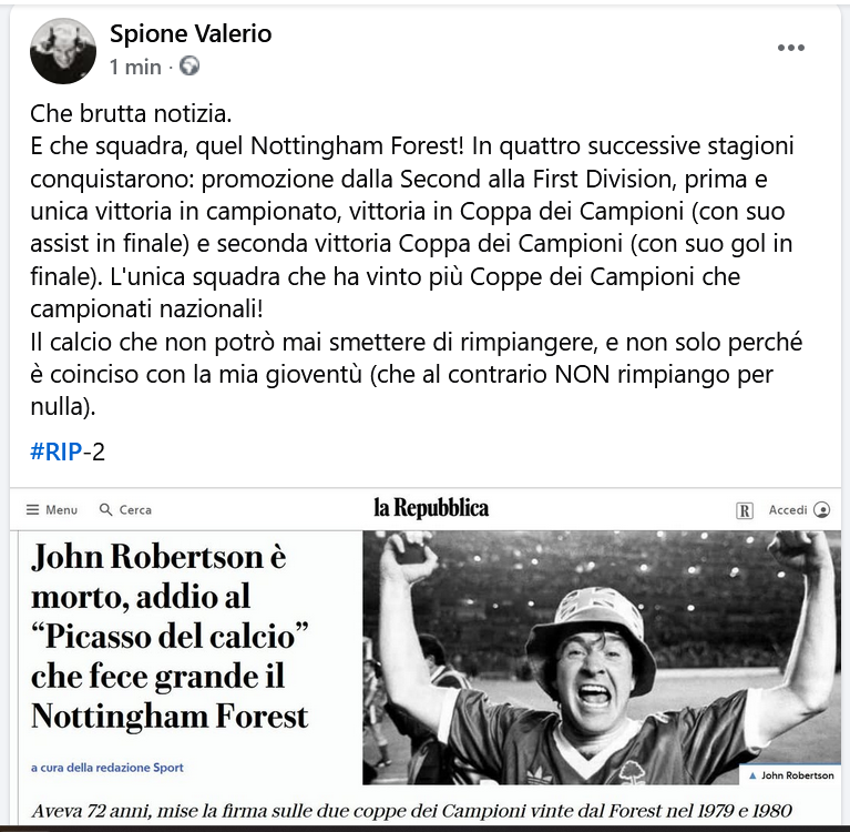 SpioneValerio's tweet photo. Non ce lo dovevi fare, John 💔

#25dicembre #JohnRobertson #Roberston #nottinghamforest 
#CoppadeiCampioni #RIP https://t.co/8NKDIww8hp