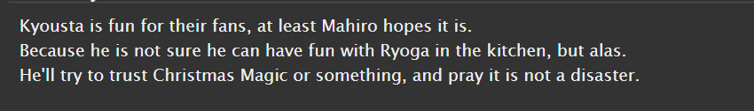 I think the #HanadollSecretSanta admin might be a bit busy, but since the posting period started...
Merry Christmas Poya, <a href="/doctorpoya/">Poya🐯</a> I was your Santa this year!
It's a bit more gen than RyoMahi, but I swear I tried to fit in as much fluff as I could!
archiveofourown.org/works/75142176