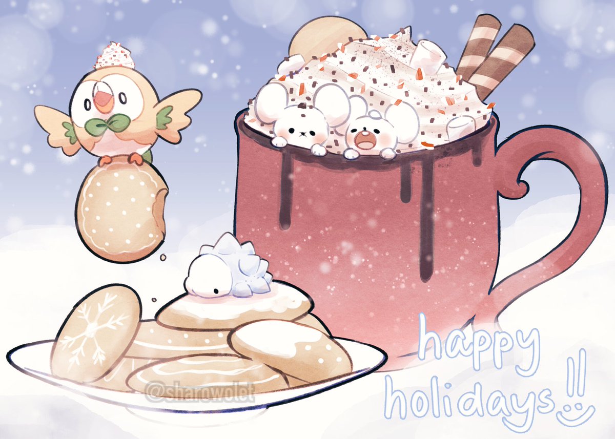 sharowolet's tweet image. happy holidays everyone! 
am getting heavy rain and flooding in my area 😔

#pokemon #rowlet #snom #tandemaus