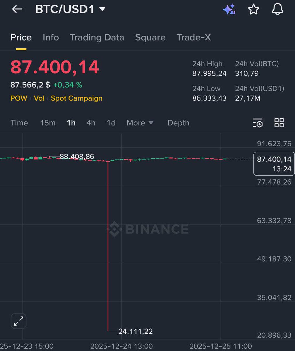 Bears were right... 

$BTC hit $24K on Binance. But wait 🛑

This is a pairing against USD1 (World Liberty Financial's stablecoin)

So, does that count as a real dump? 😂