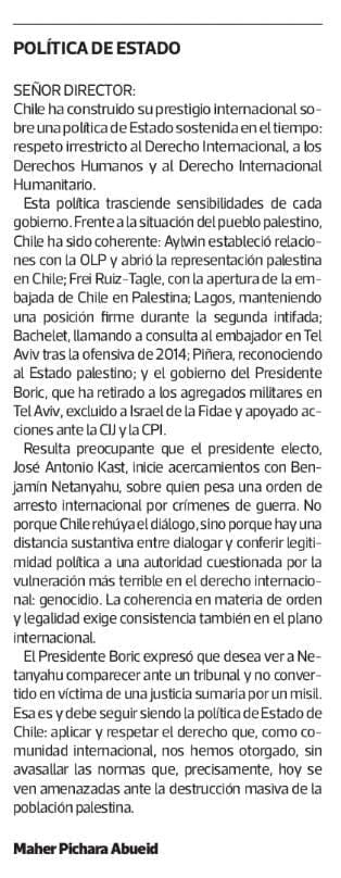 Carta al director publicada en <a href="/latercera/">La Tercera</a>.

#Palestina #Palestine #Gaza <a href="/GabrielBoric/">Gabriel Boric Font</a> <a href="/CIPalestina/">Centro de Información Palestina</a> <a href="/GiorgioJackson/">Giorgio Jackson</a> <a href="/diego_ibanezc/">Diego Ibáñez</a>