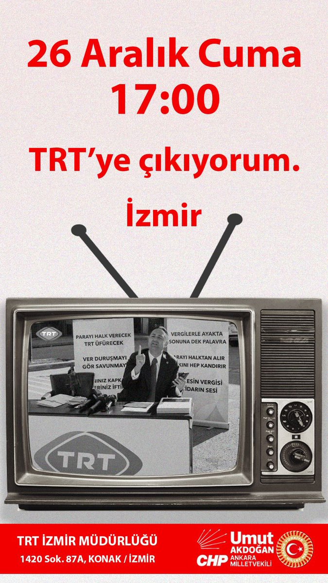 TRT susar, halk konuşur!
Ankara Milletvekilimiz Umut Akdoğan ile
yarın saat 17.00’de İzmir’de TRT önünde buluşuyoruz.
Gerçeği savunmak için oradayız.
<a href="/AKDOGANumut/">Umut Akdoğan</a>